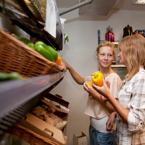 Butik-12 To kvinder er på indkøb og kigger på frugt og grønt i Let-Køb
