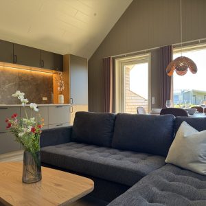 Boerglumhytte-stue Nyt og flot køkken/alrum med sofa og spisebord i Børglumhytte